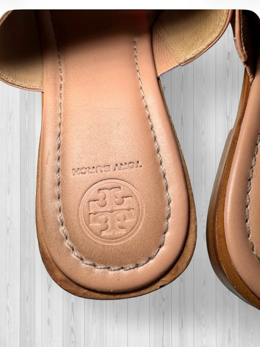 Tory Burch Nude Rose Leather Cutout Logo Toe-Ring Sandals.